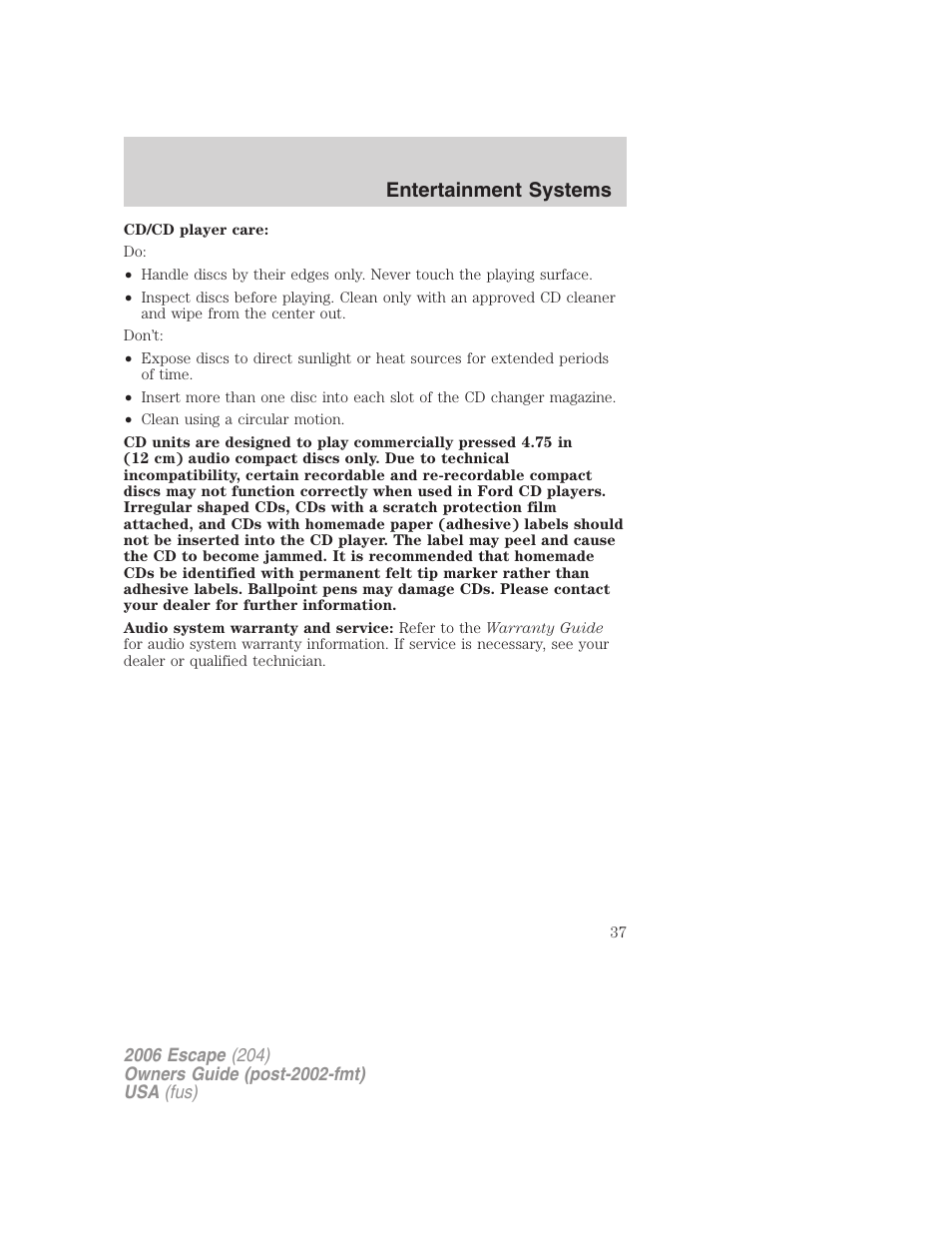 Entertainment systems | FORD 2006 Escape v.1 User Manual | Page 37 / 288
