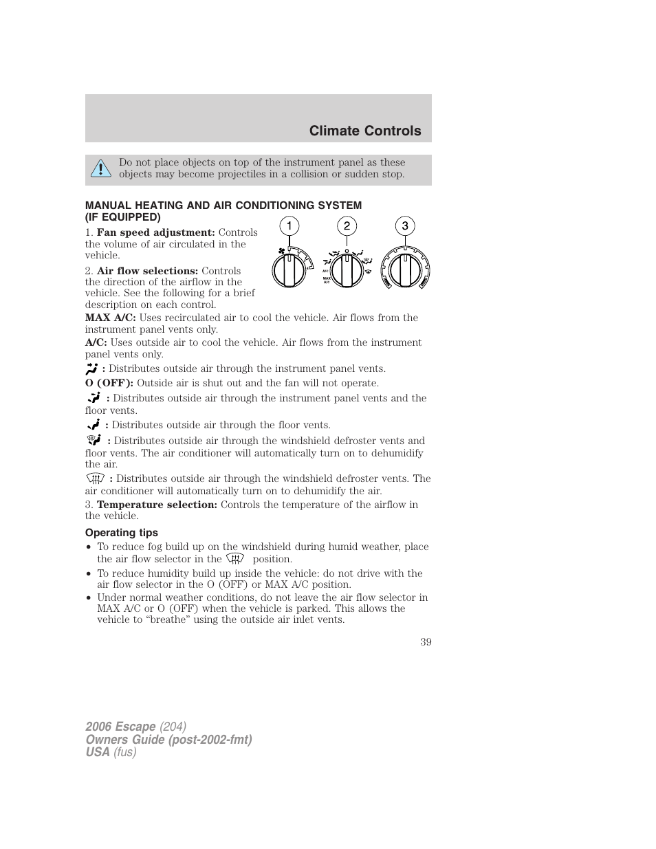 Operating tips, Manual heating and air conditioning, Climate controls | FORD 2006 Escape v.1 User Manual | Page 39 / 288