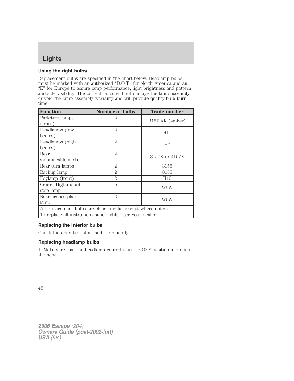Using the right bulbs, Replacing the interior bulbs, Replacing headlamp bulbs | Lights | FORD 2006 Escape v.1 User Manual | Page 48 / 288