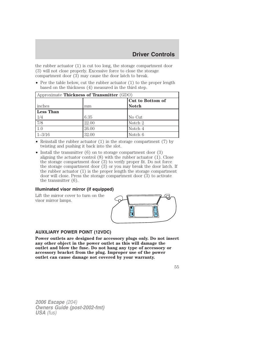 Illuminated visor mirror (if equipped), Auxiliary power point (12vdc), Driver controls | FORD 2006 Escape v.1 User Manual | Page 55 / 288