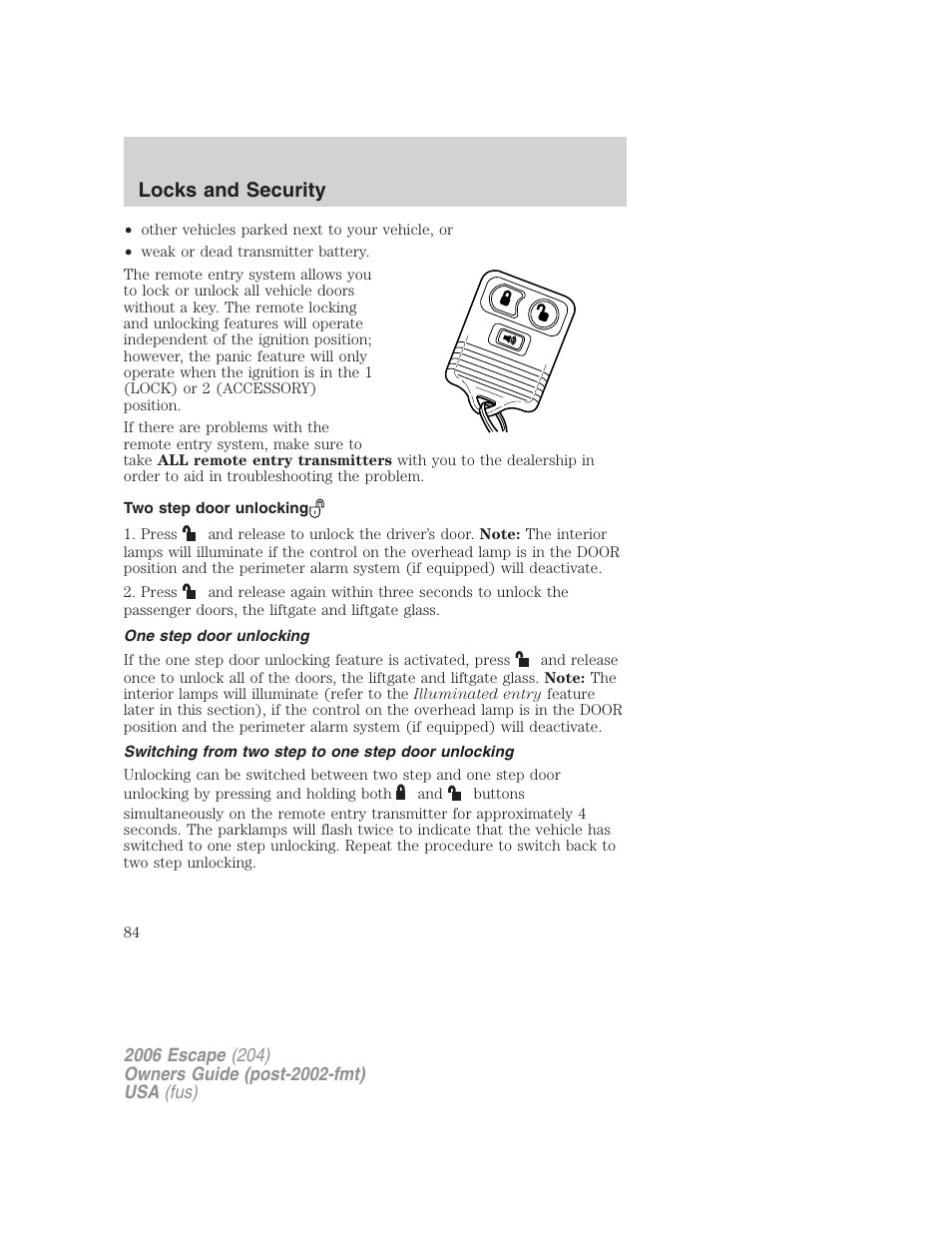 Two step door unlocking, One step door unlocking, Switching from two step to one step door unlocking | Locks and security | FORD 2006 Escape v.1 User Manual | Page 84 / 288