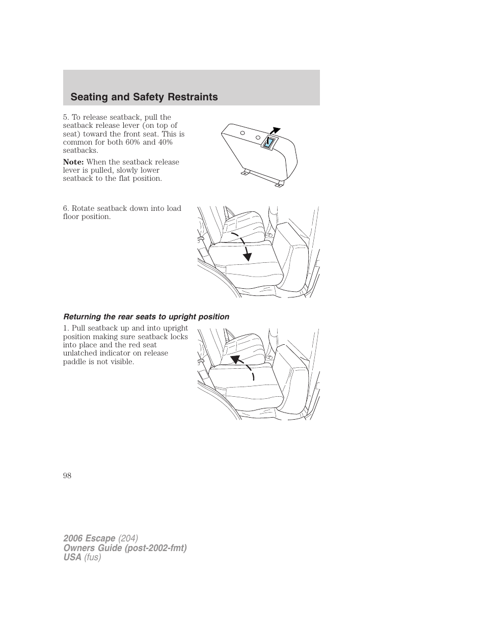 Returning the rear seats to upright position, Seating and safety restraints | FORD 2006 Escape v.1 User Manual | Page 98 / 288