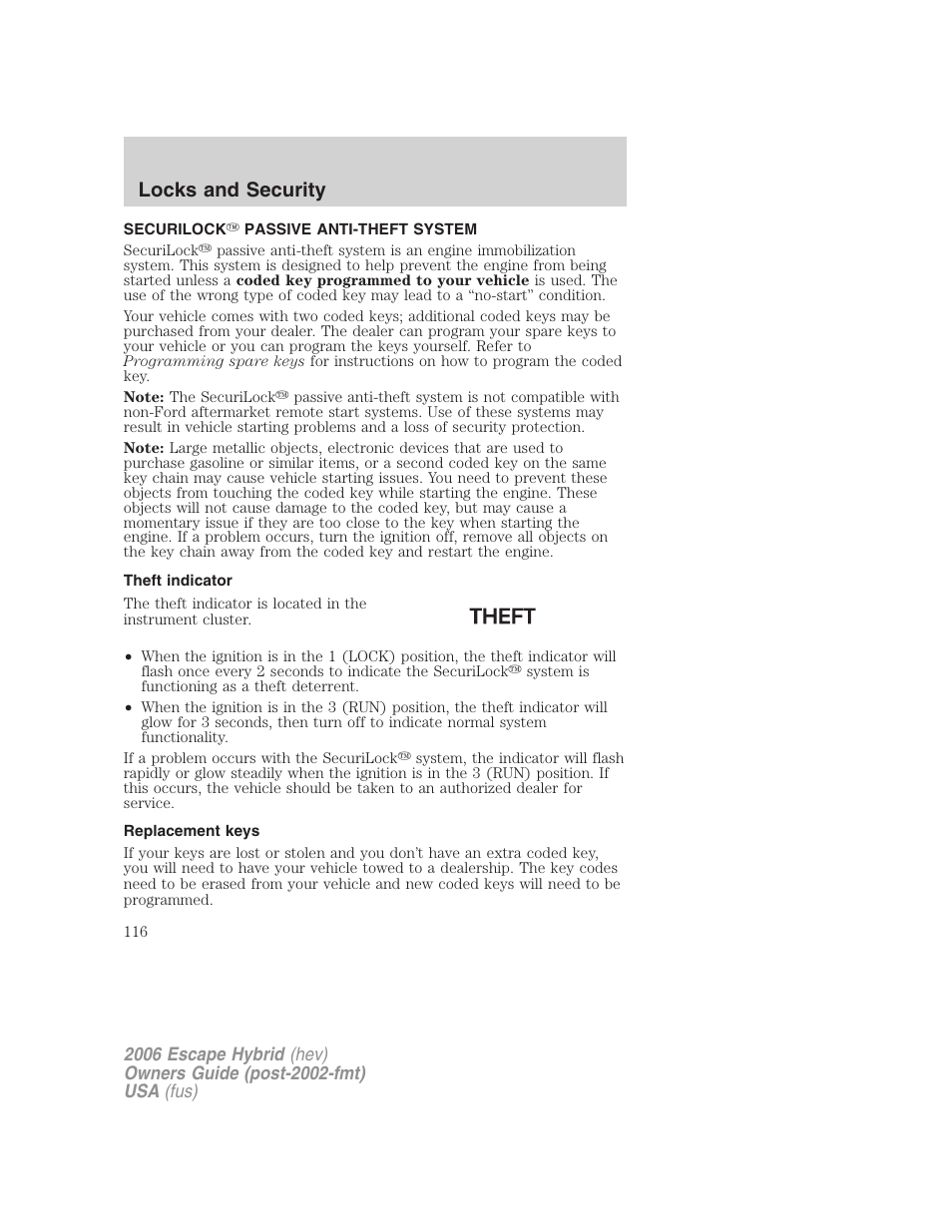 Securilock passive anti-theft system, Theft indicator, Replacement keys | Anti-theft system, Locks and security | FORD 2006 Escape Hybrid v.1 User Manual | Page 116 / 328