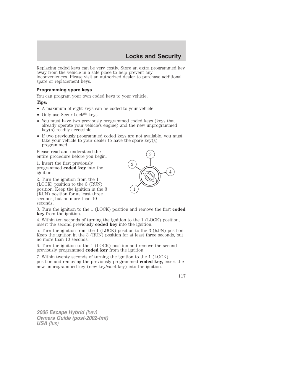 Programming spare keys, Locks and security | FORD 2006 Escape Hybrid v.1 User Manual | Page 117 / 328