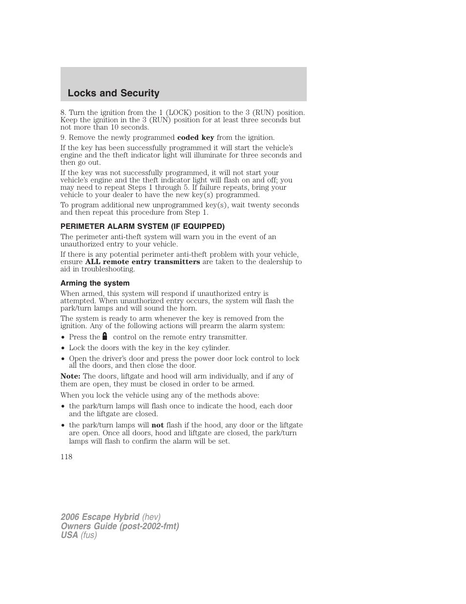 Perimeter alarm system (if equipped), Arming the system, Locks and security | FORD 2006 Escape Hybrid v.1 User Manual | Page 118 / 328