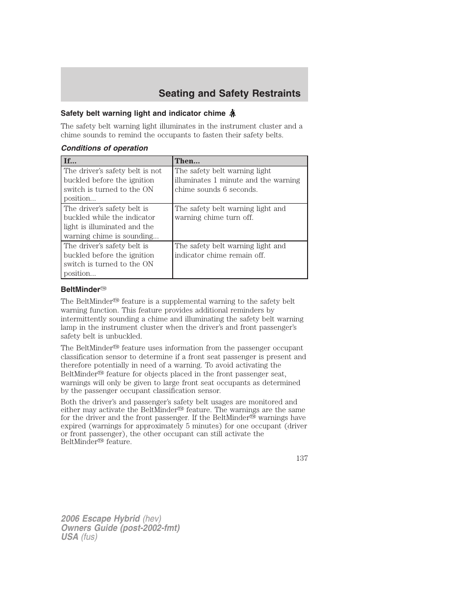 Safety belt warning light and indicator chime, Conditions of operation, Beltminder | Seating and safety restraints | FORD 2006 Escape Hybrid v.1 User Manual | Page 137 / 328