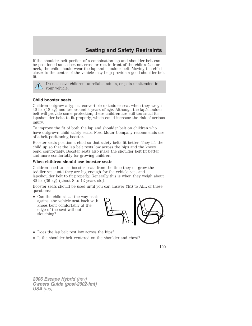 Child booster seats, Seating and safety restraints | FORD 2006 Escape Hybrid v.1 User Manual | Page 155 / 328