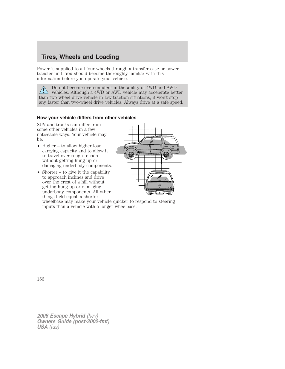 How your vehicle differs from other vehicles, Tires, wheels and loading | FORD 2006 Escape Hybrid v.1 User Manual | Page 166 / 328
