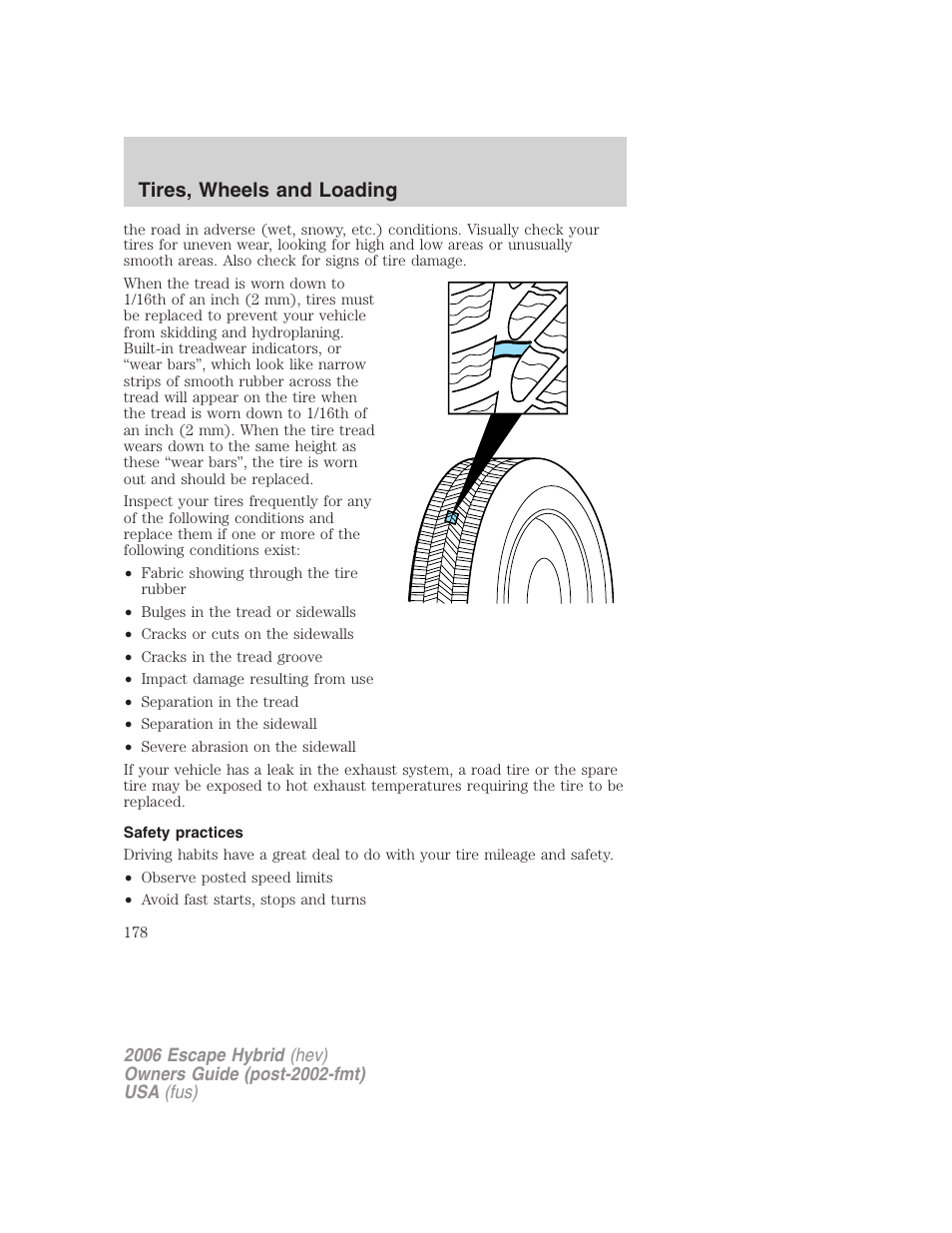 Safety practices, Tires, wheels and loading | FORD 2006 Escape Hybrid v.1 User Manual | Page 178 / 328