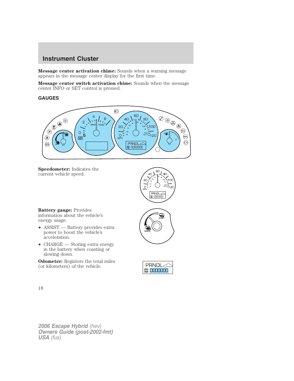 Gauges, Instrument cluster | FORD 2006 Escape Hybrid v.1 User Manual | Page 18 / 328