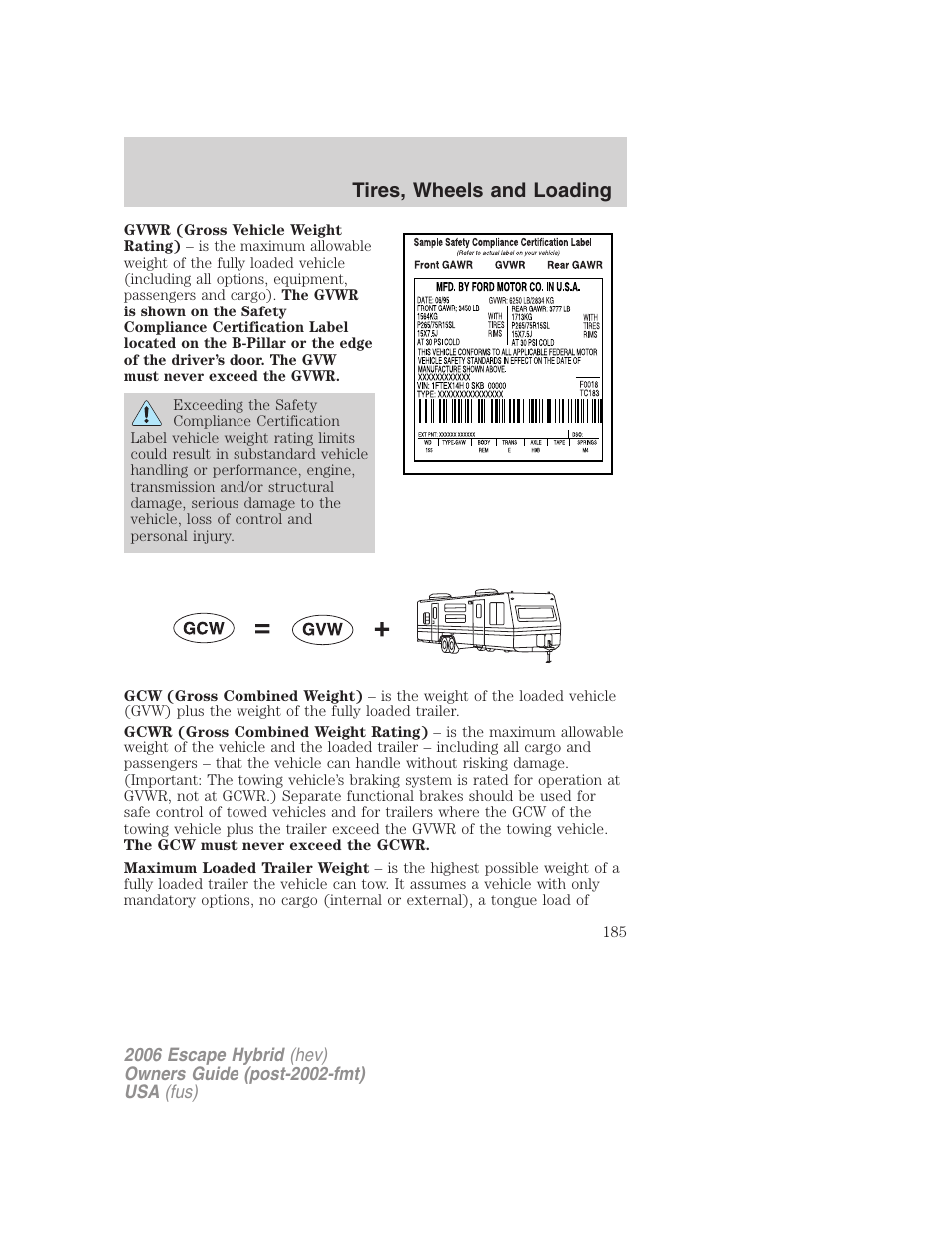 Tires, wheels and loading | FORD 2006 Escape Hybrid v.1 User Manual | Page 185 / 328