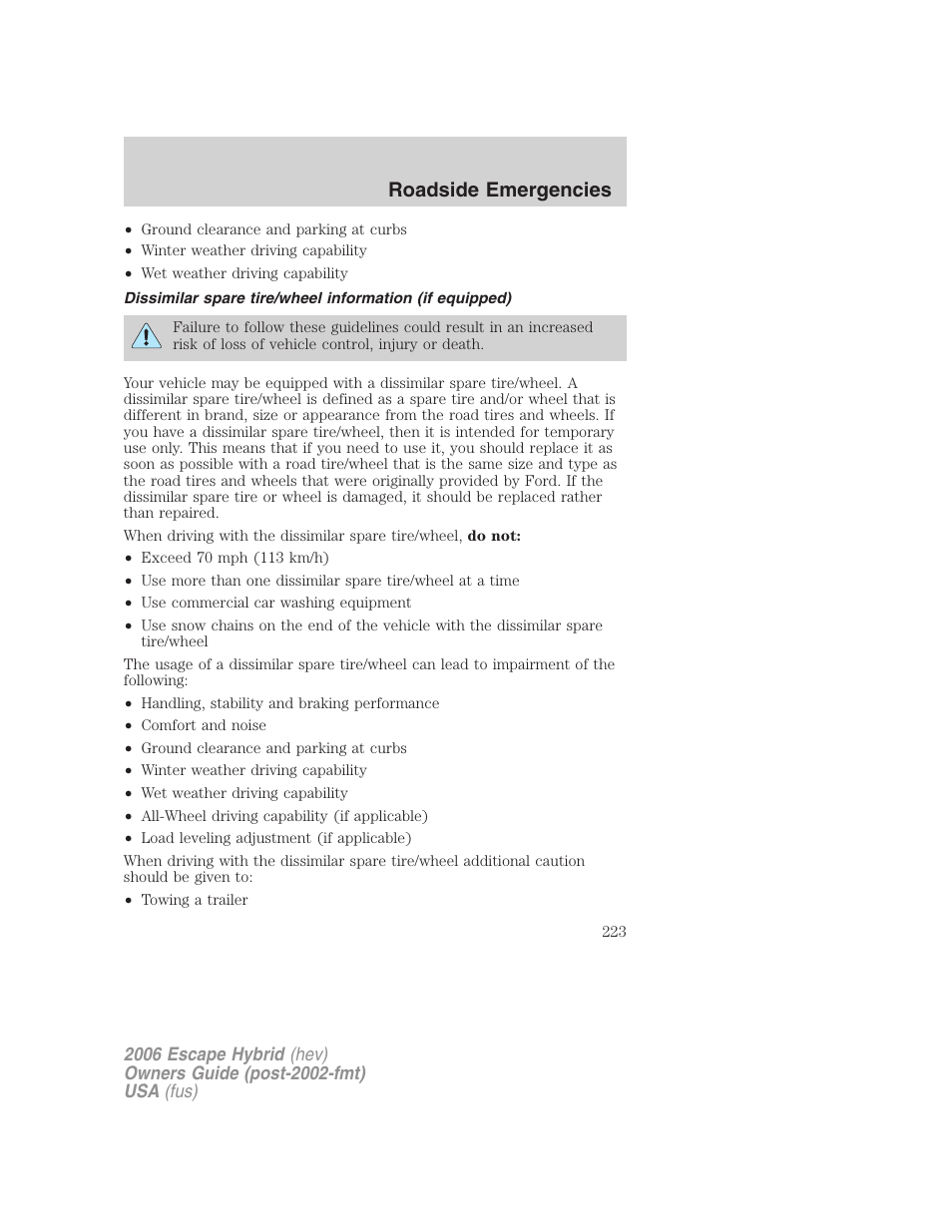 Roadside emergencies | FORD 2006 Escape Hybrid v.1 User Manual | Page 223 / 328