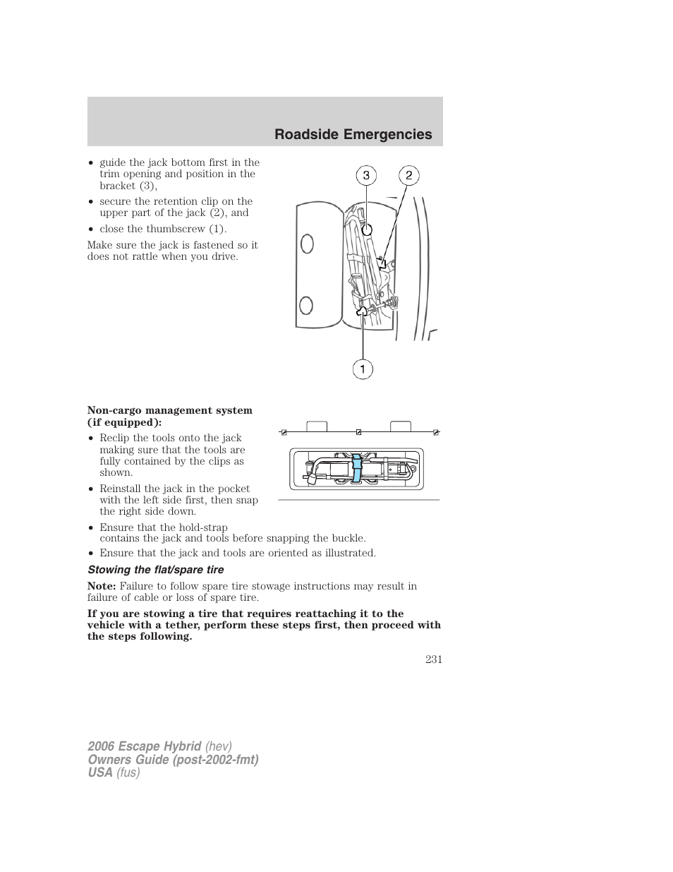 Stowing the flat/spare tire, Roadside emergencies | FORD 2006 Escape Hybrid v.1 User Manual | Page 231 / 328