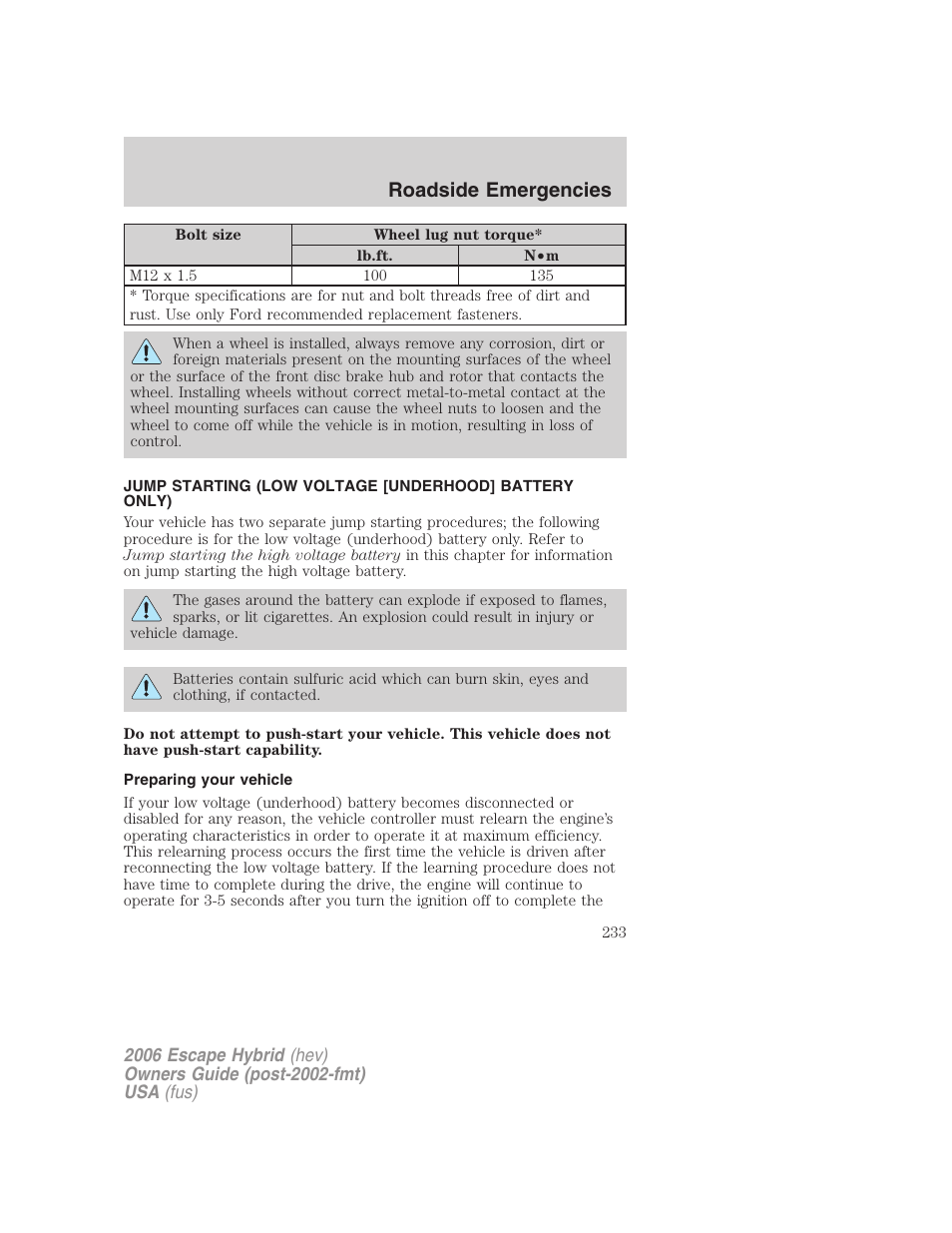 Preparing your vehicle, Jump starting, Roadside emergencies | FORD 2006 Escape Hybrid v.1 User Manual | Page 233 / 328