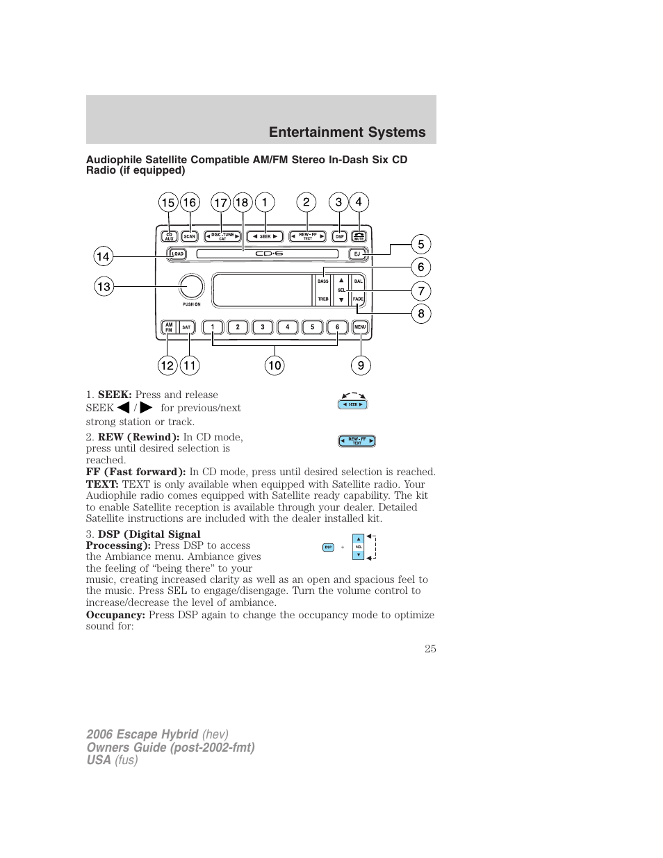 Am/fm stereo with in-dash six cd, Entertainment systems | FORD 2006 Escape Hybrid v.1 User Manual | Page 25 / 328