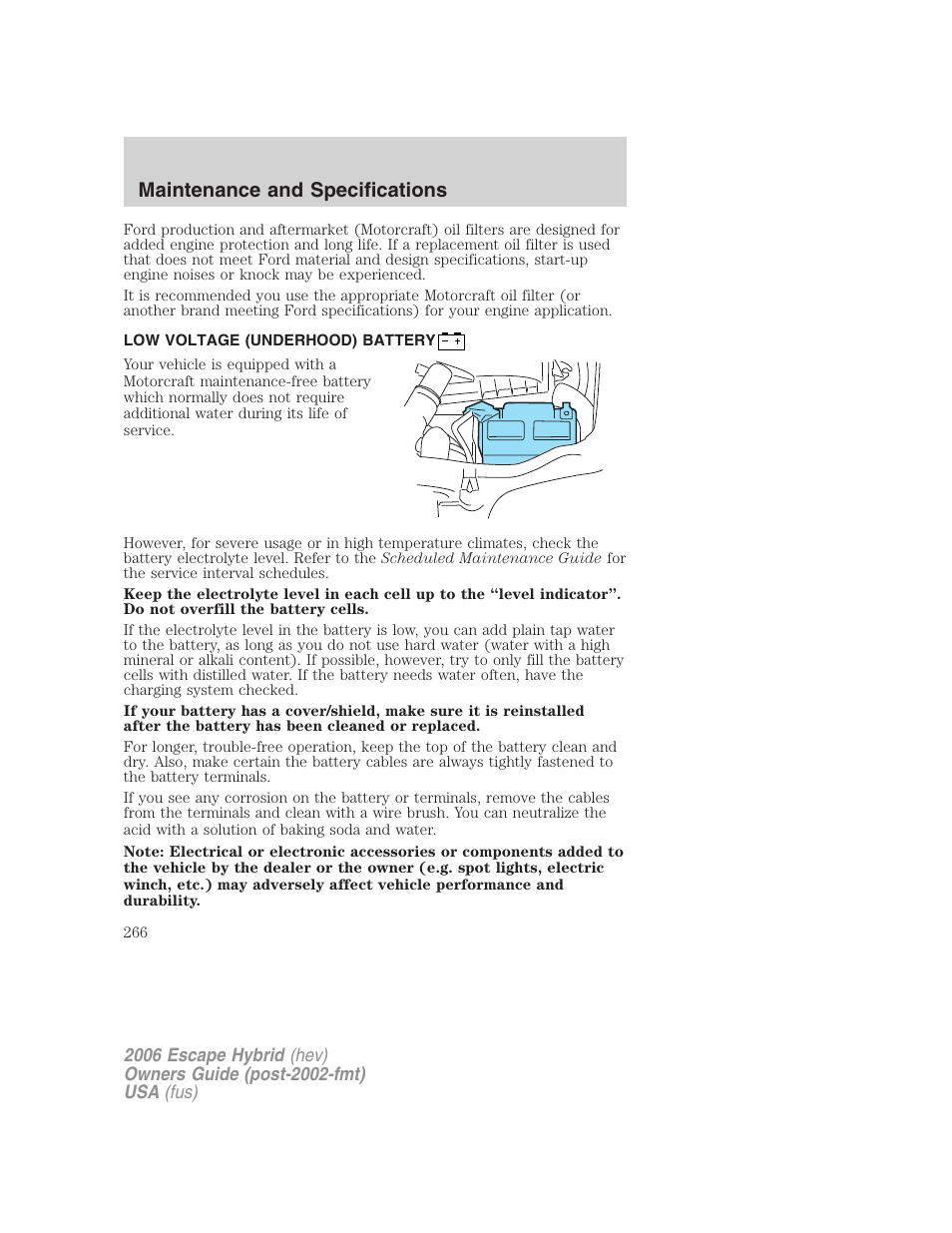 Low voltage (underhood) battery, Battery, Maintenance and specifications | FORD 2006 Escape Hybrid v.1 User Manual | Page 266 / 328