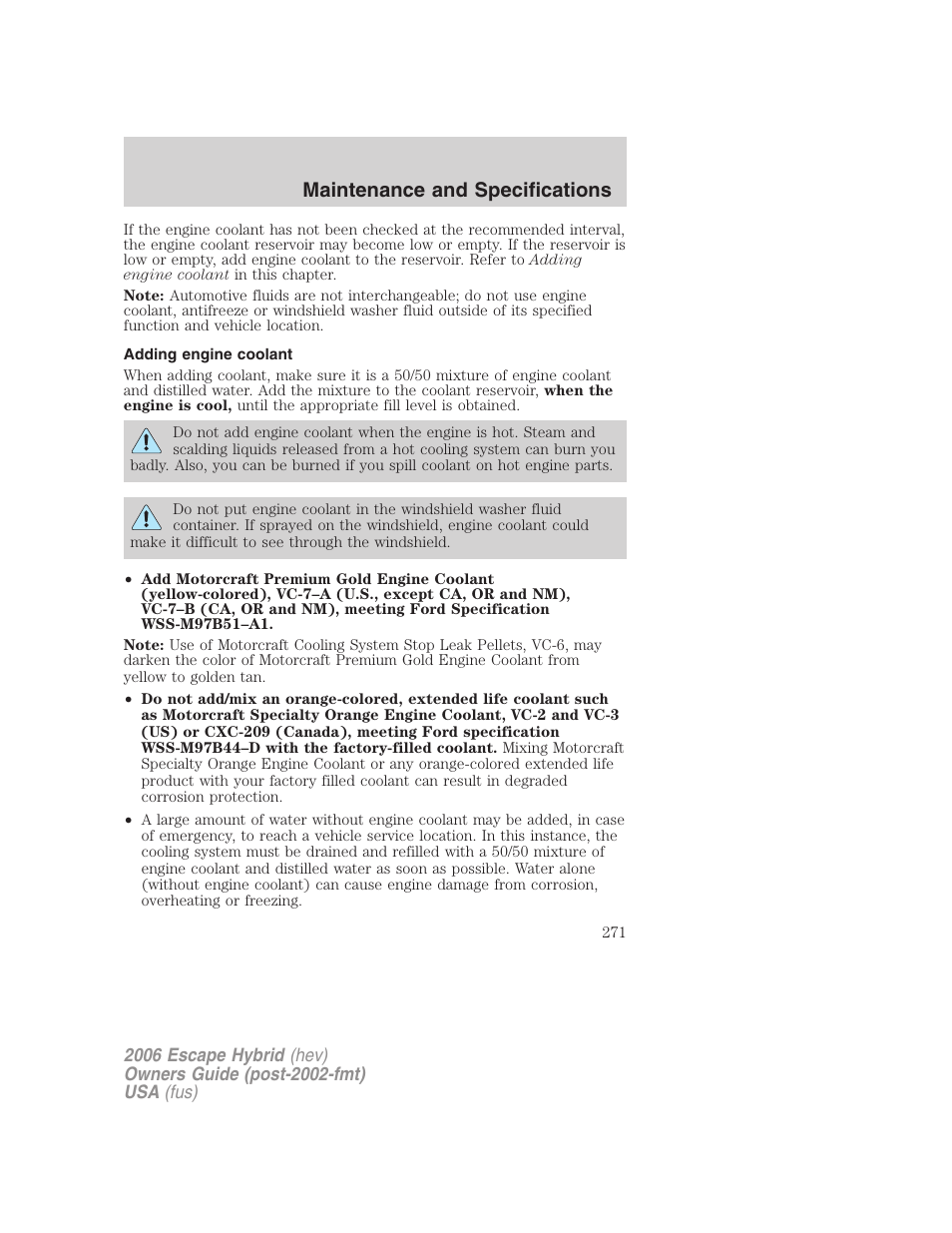 Adding engine coolant, Maintenance and specifications | FORD 2006 Escape Hybrid v.1 User Manual | Page 271 / 328