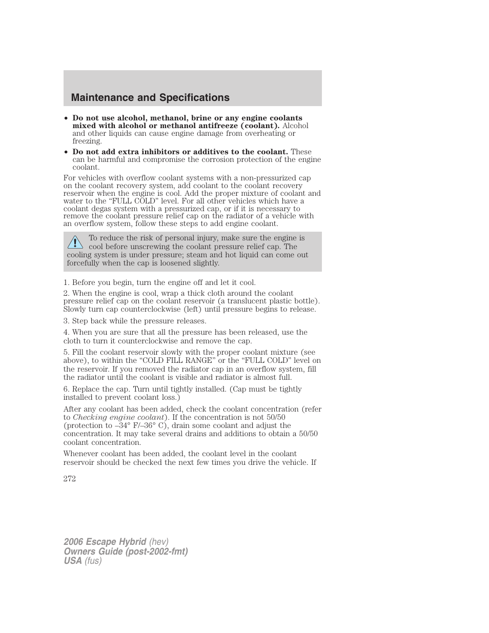 Maintenance and specifications | FORD 2006 Escape Hybrid v.1 User Manual | Page 272 / 328