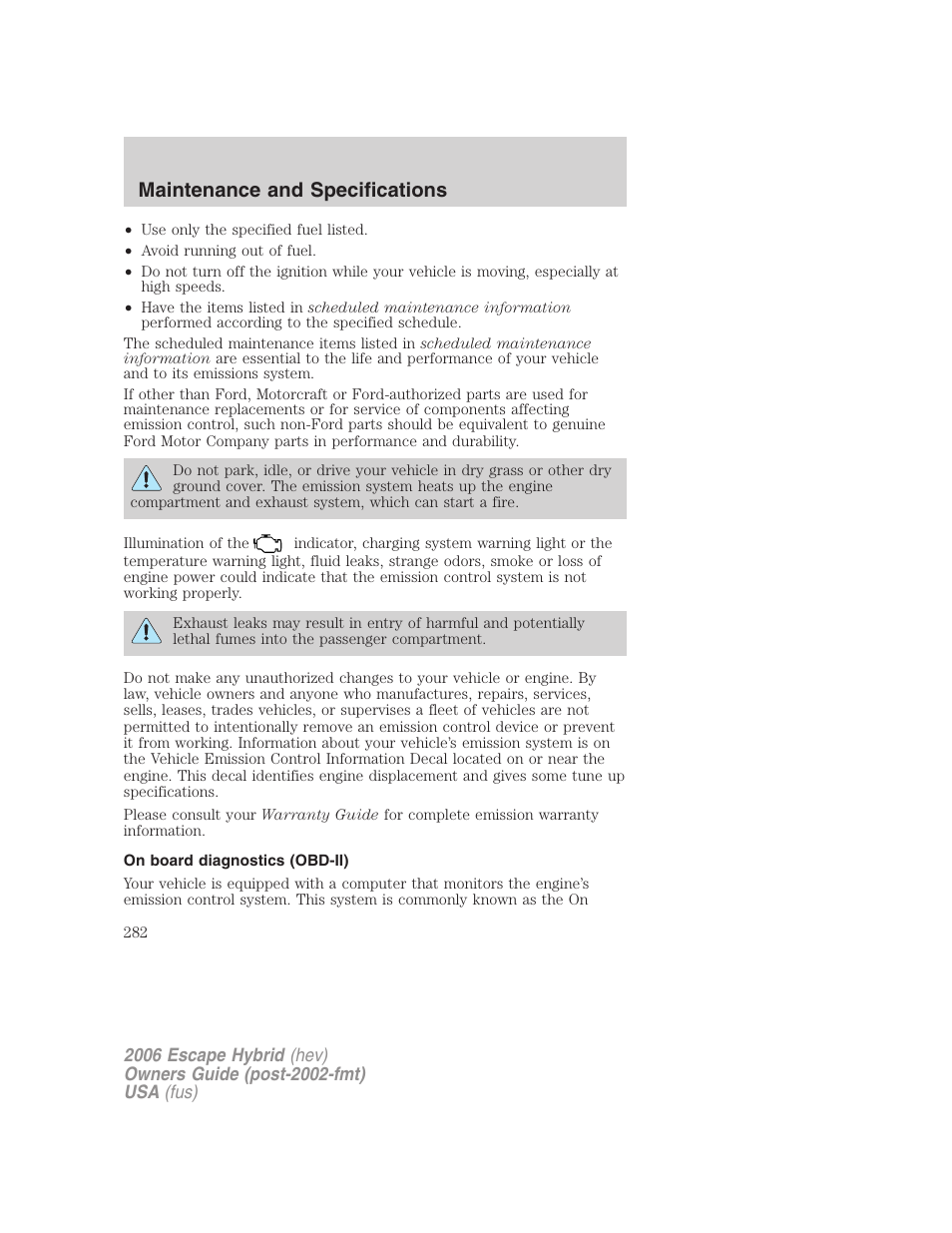 On board diagnostics (obd-ii), Maintenance and specifications | FORD 2006 Escape Hybrid v.1 User Manual | Page 282 / 328