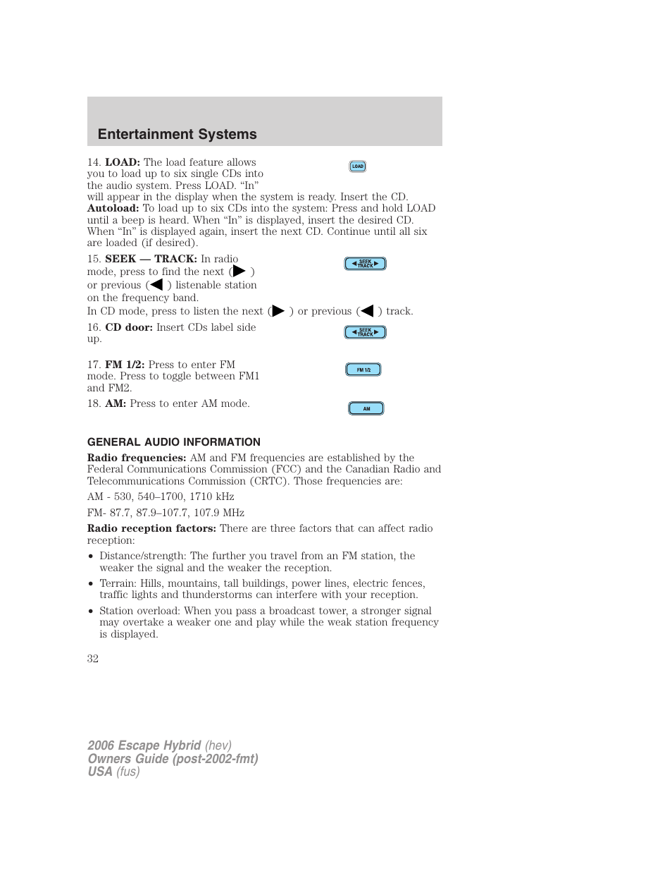 General audio information, Entertainment systems | FORD 2006 Escape Hybrid v.1 User Manual | Page 32 / 328