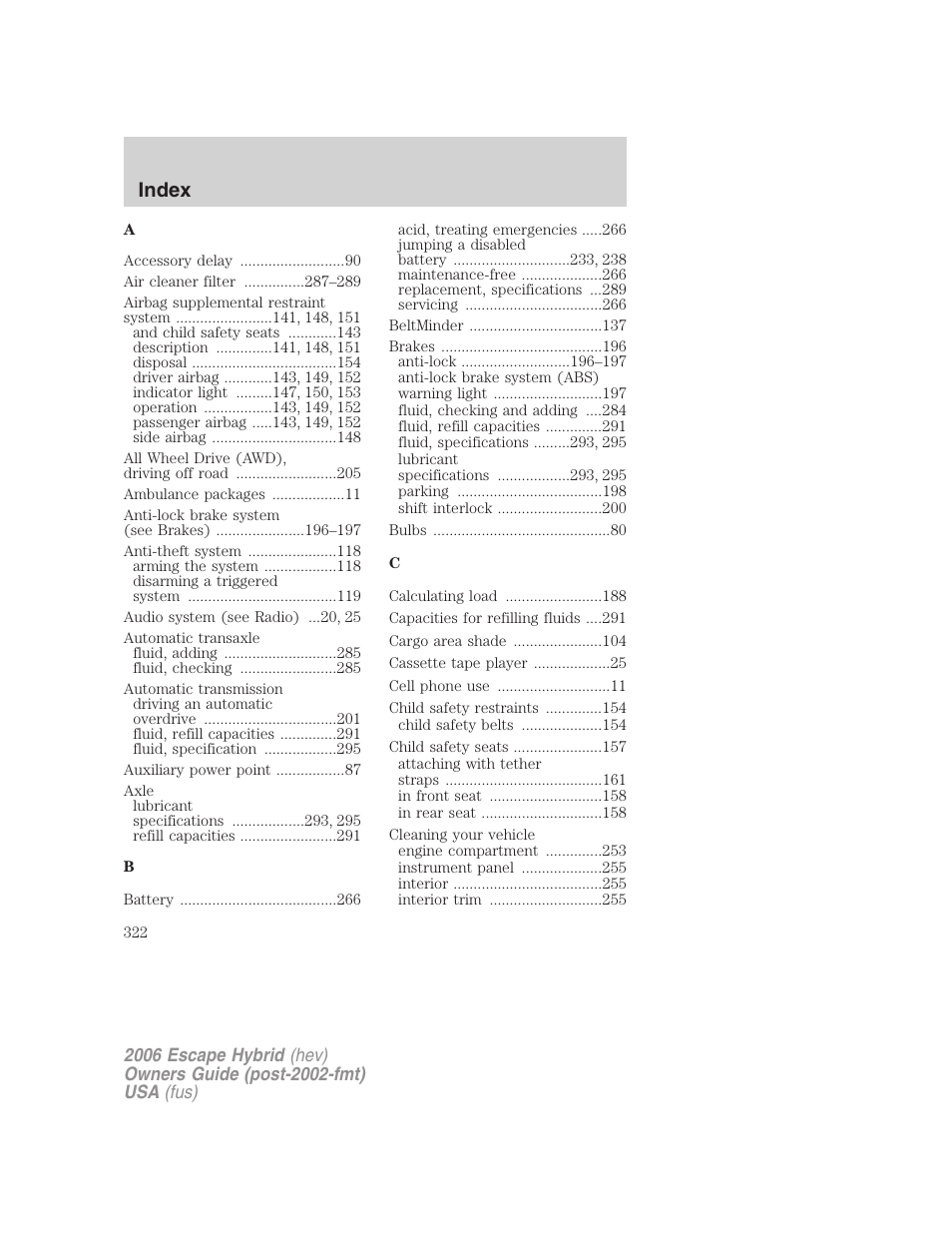 Index | FORD 2006 Escape Hybrid v.1 User Manual | Page 322 / 328