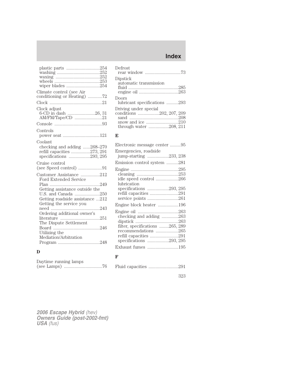 Index | FORD 2006 Escape Hybrid v.1 User Manual | Page 323 / 328