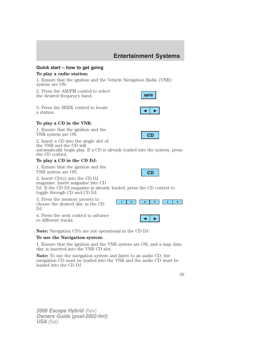 Quick start – how to get going, Entertainment systems | FORD 2006 Escape Hybrid v.1 User Manual | Page 39 / 328