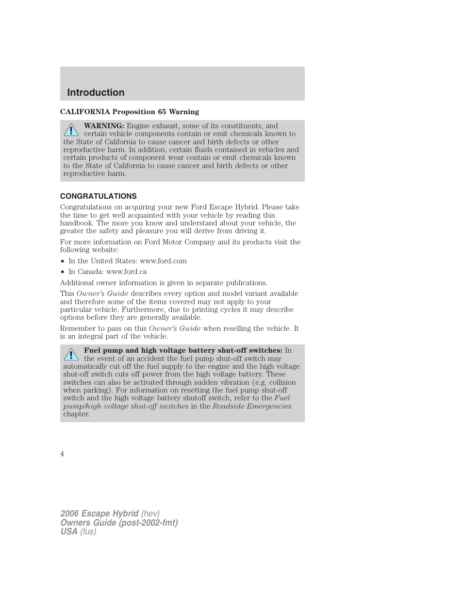 Introduction, Congratulations | FORD 2006 Escape Hybrid v.1 User Manual | Page 4 / 328