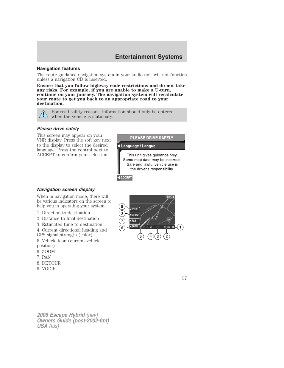 Navigation features, Please drive safely, Navigation screen display | Entertainment systems | FORD 2006 Escape Hybrid v.1 User Manual | Page 57 / 328