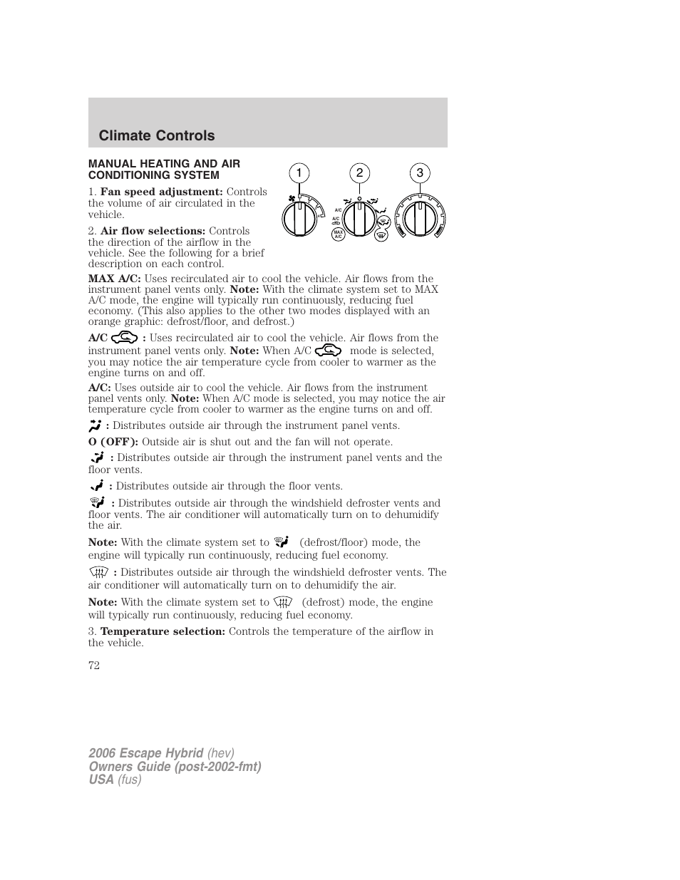 Climate controls, Manual heating and air conditioning system, Manual heating and air conditioning | FORD 2006 Escape Hybrid v.1 User Manual | Page 72 / 328