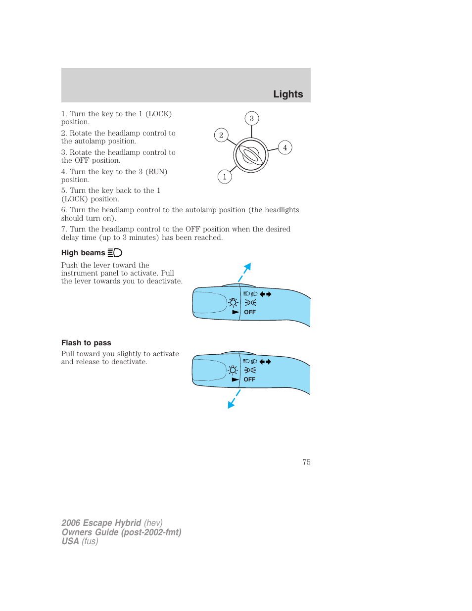 High beams, Flash to pass, Lights | FORD 2006 Escape Hybrid v.1 User Manual | Page 75 / 328