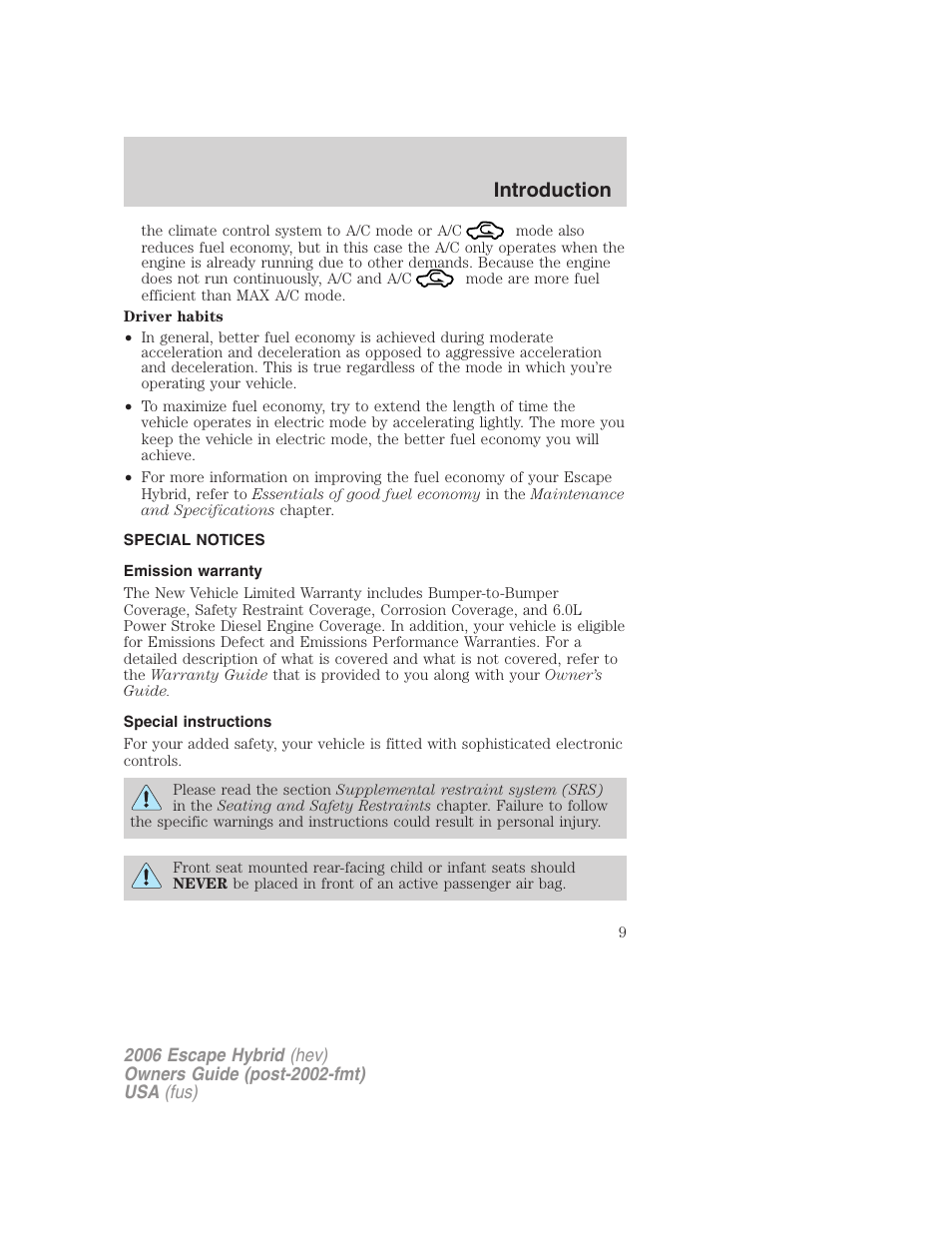 Special notices, Emission warranty, Special instructions | Introduction | FORD 2006 Escape Hybrid v.1 User Manual | Page 9 / 328