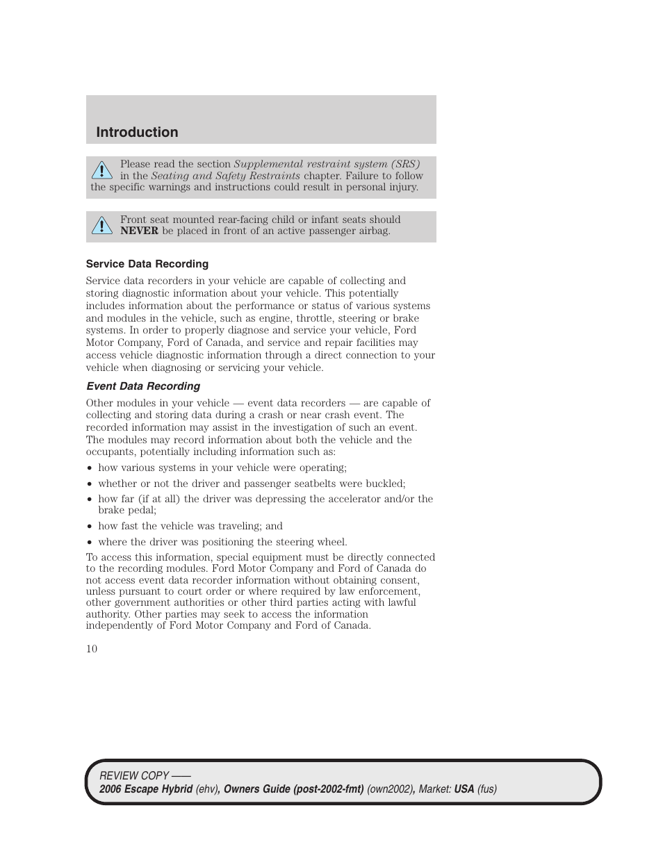 Service data recording, Event data recording, Introduction | FORD 2006 Escape Hybrid v.2 User Manual | Page 10 / 340