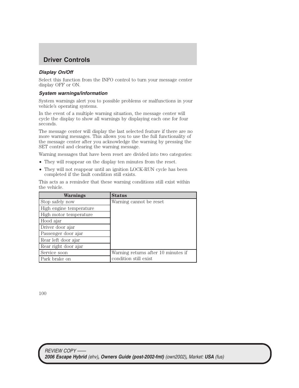 Display on/off, System warnings/information, Driver controls | FORD 2006 Escape Hybrid v.2 User Manual | Page 100 / 340