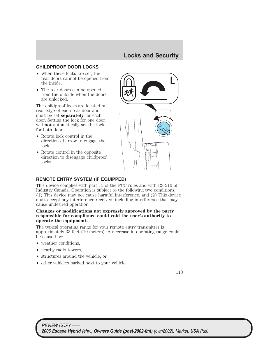 Childproof door locks, Remote entry system (if equipped), Locks and security | FORD 2006 Escape Hybrid v.2 User Manual | Page 113 / 340
