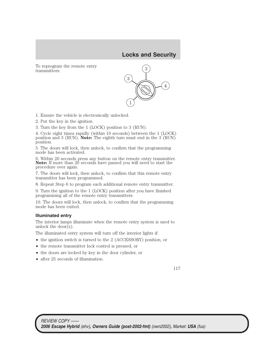 Illuminated entry, Locks and security | FORD 2006 Escape Hybrid v.2 User Manual | Page 117 / 340