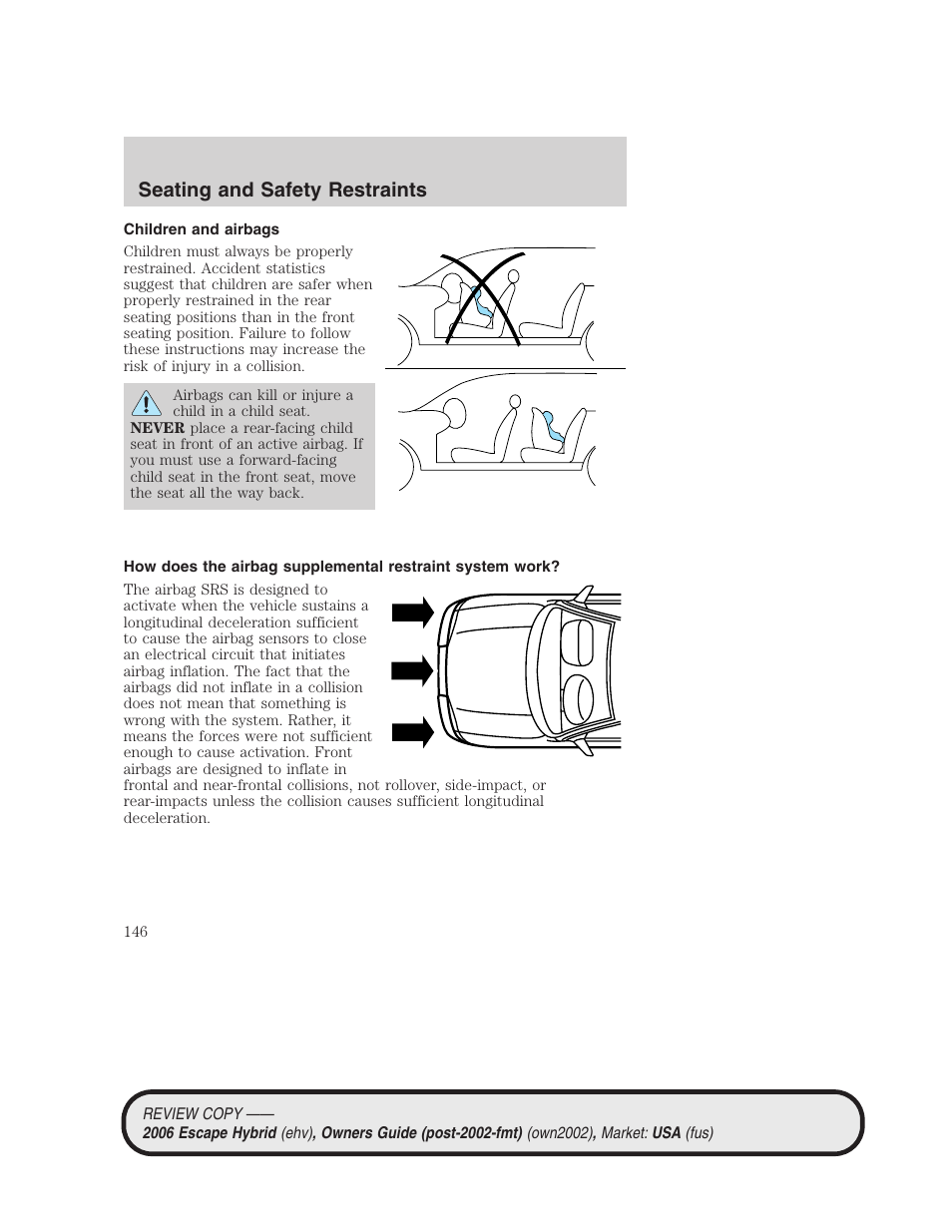 Children and airbags, Seating and safety restraints | FORD 2006 Escape Hybrid v.2 User Manual | Page 146 / 340