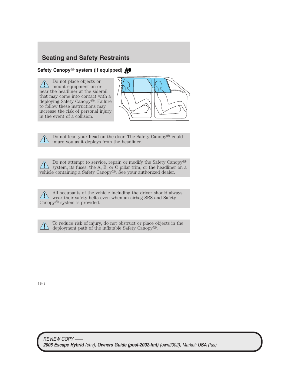 Safety canopy system (if equipped), Seating and safety restraints | FORD 2006 Escape Hybrid v.2 User Manual | Page 156 / 340