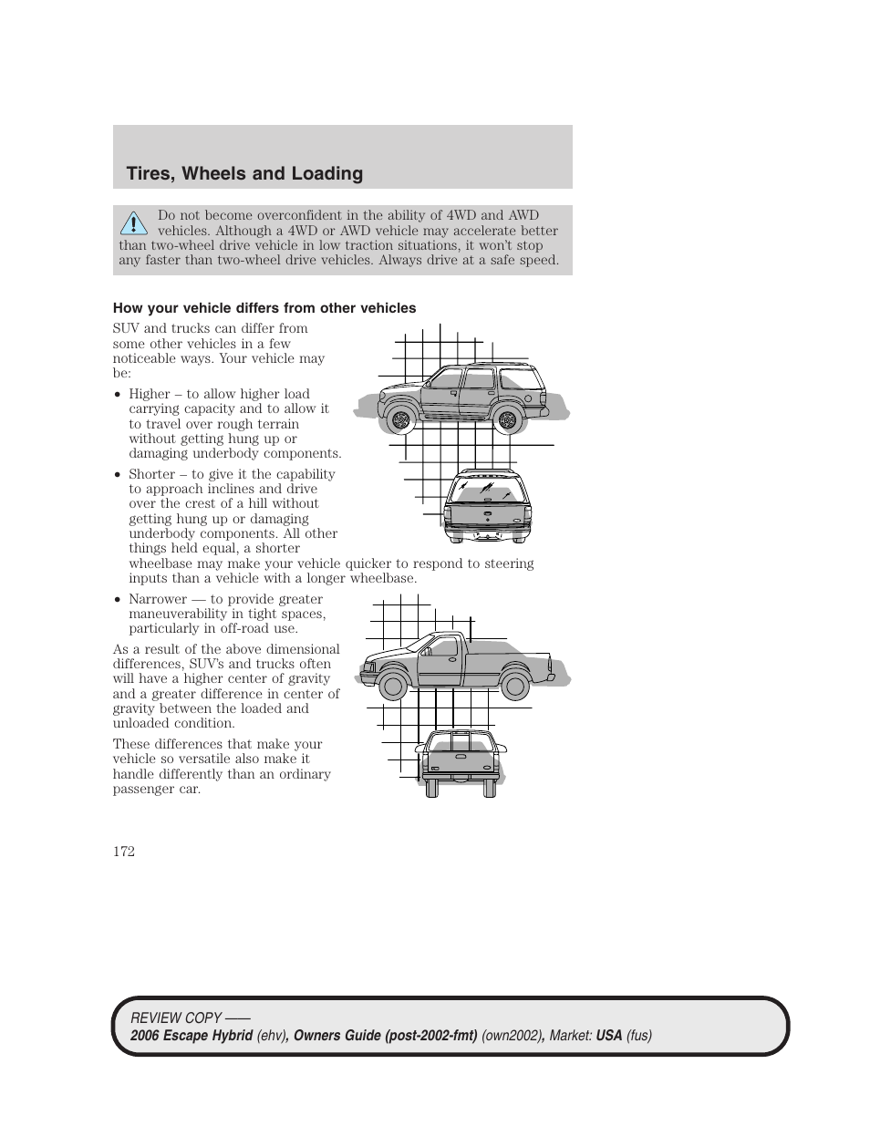 How your vehicle differs from other vehicles, Tires, wheels and loading | FORD 2006 Escape Hybrid v.2 User Manual | Page 172 / 340