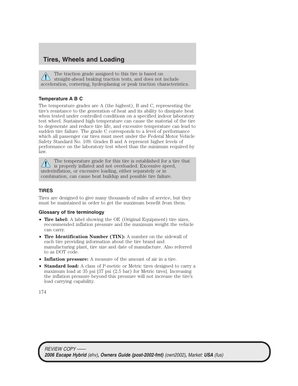 Temperature a b c, Tires, Glossary of tire terminology | Tires, wheels and loading | FORD 2006 Escape Hybrid v.2 User Manual | Page 174 / 340