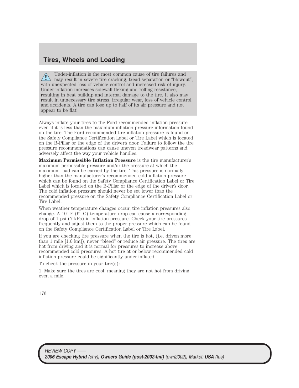 Tires, wheels and loading | FORD 2006 Escape Hybrid v.2 User Manual | Page 176 / 340
