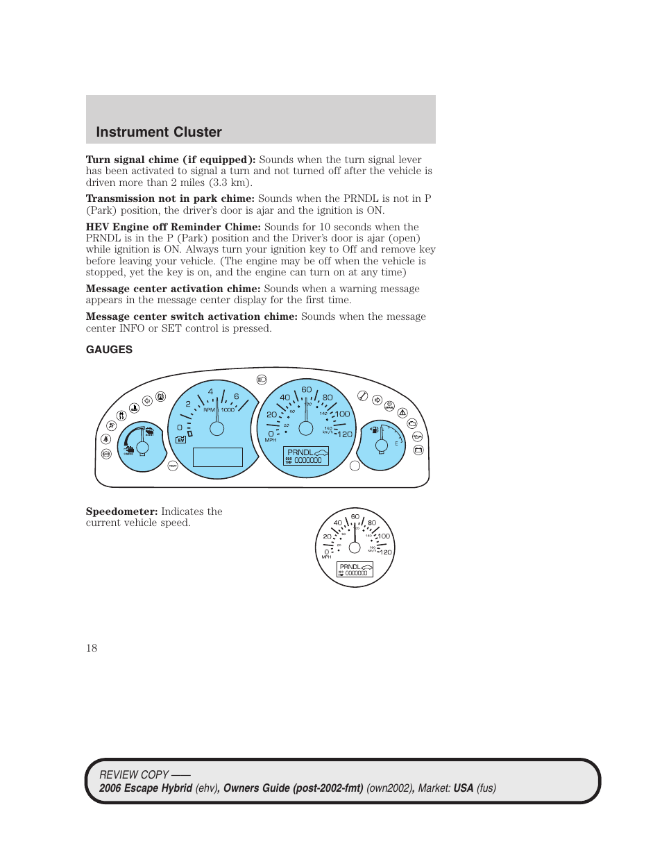 Gauges, Instrument cluster | FORD 2006 Escape Hybrid v.2 User Manual | Page 18 / 340