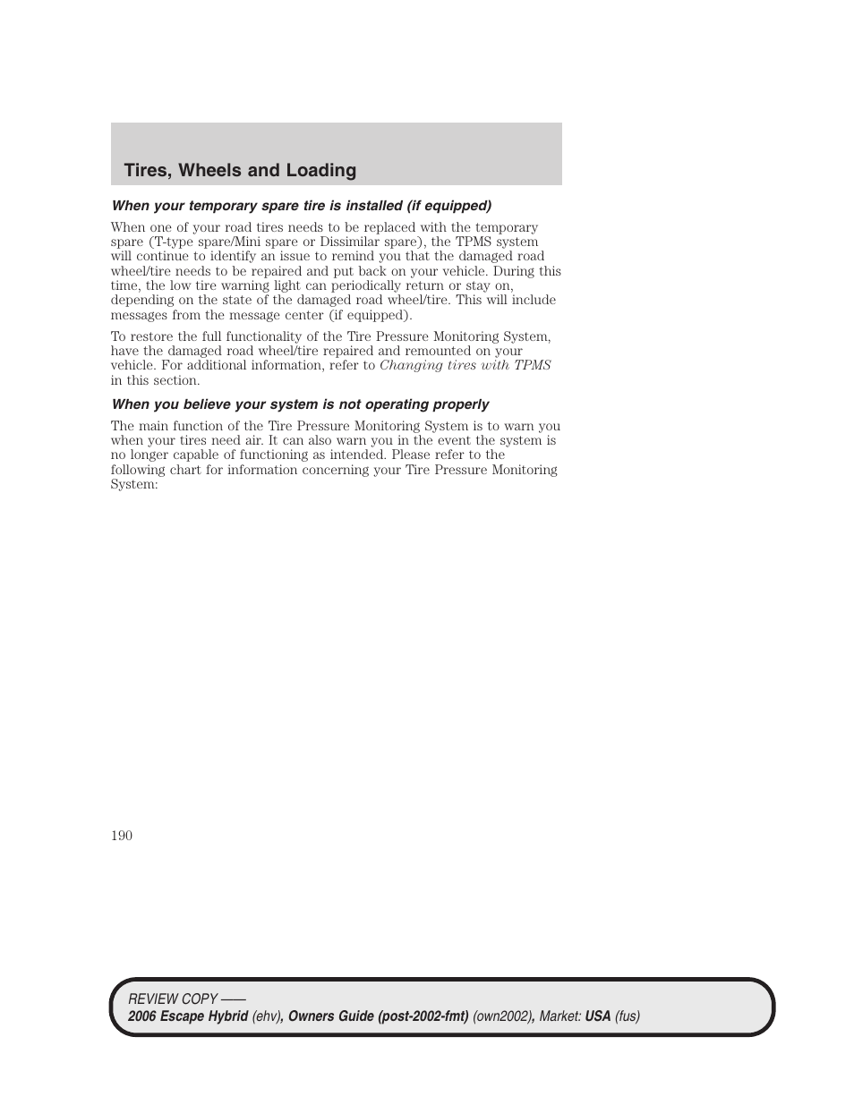 Tires, wheels and loading | FORD 2006 Escape Hybrid v.2 User Manual | Page 190 / 340