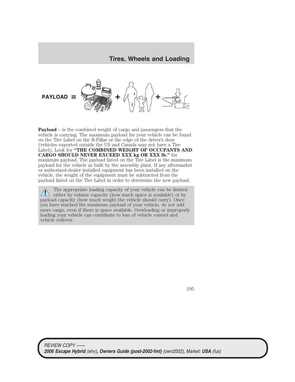 Tires, wheels and loading | FORD 2006 Escape Hybrid v.2 User Manual | Page 195 / 340