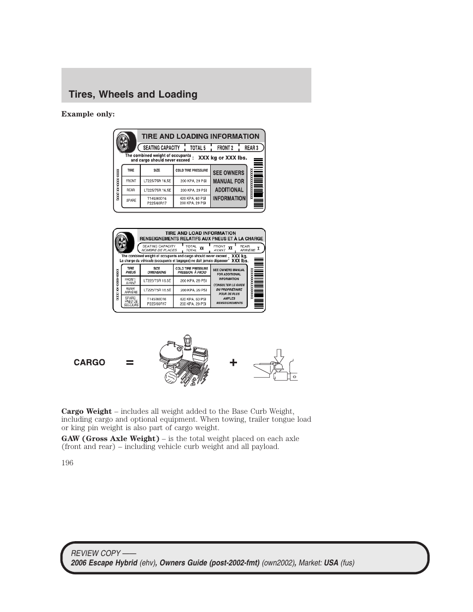 Tires, wheels and loading | FORD 2006 Escape Hybrid v.2 User Manual | Page 196 / 340