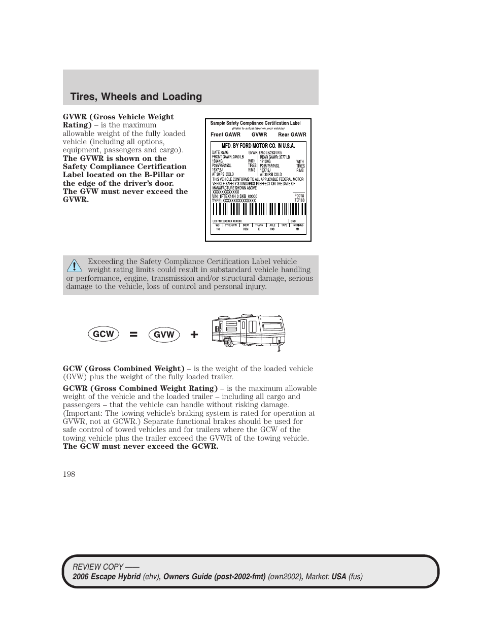 Tires, wheels and loading | FORD 2006 Escape Hybrid v.2 User Manual | Page 198 / 340
