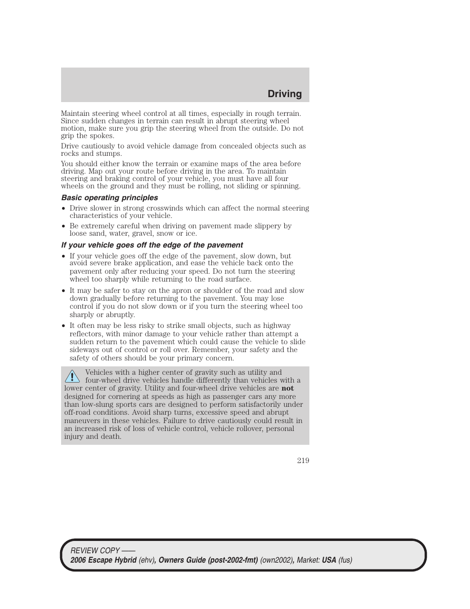 Basic operating principles, If your vehicle goes off the edge of the pavement, Driving | FORD 2006 Escape Hybrid v.2 User Manual | Page 219 / 340
