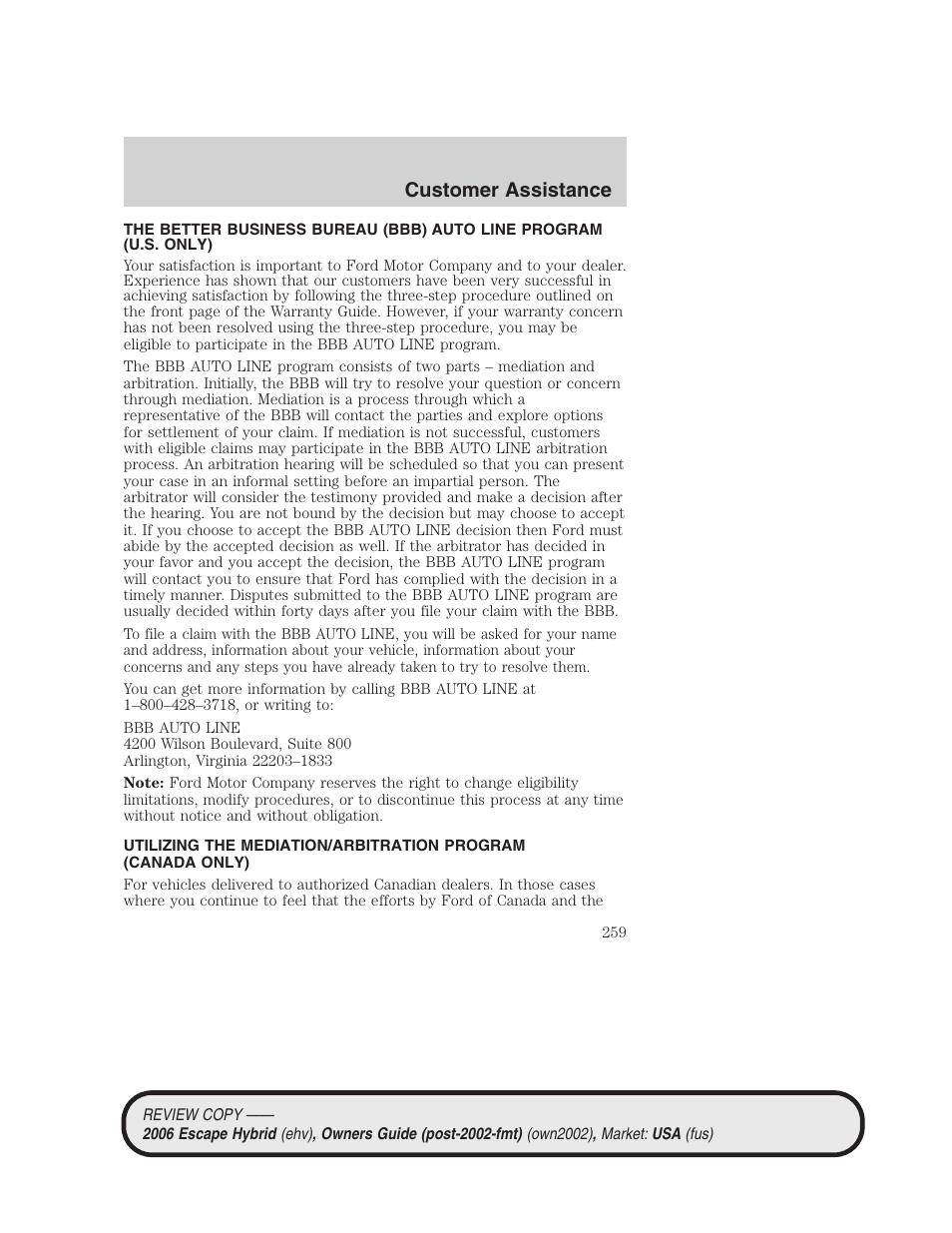Customer assistance | FORD 2006 Escape Hybrid v.2 User Manual | Page 259 / 340