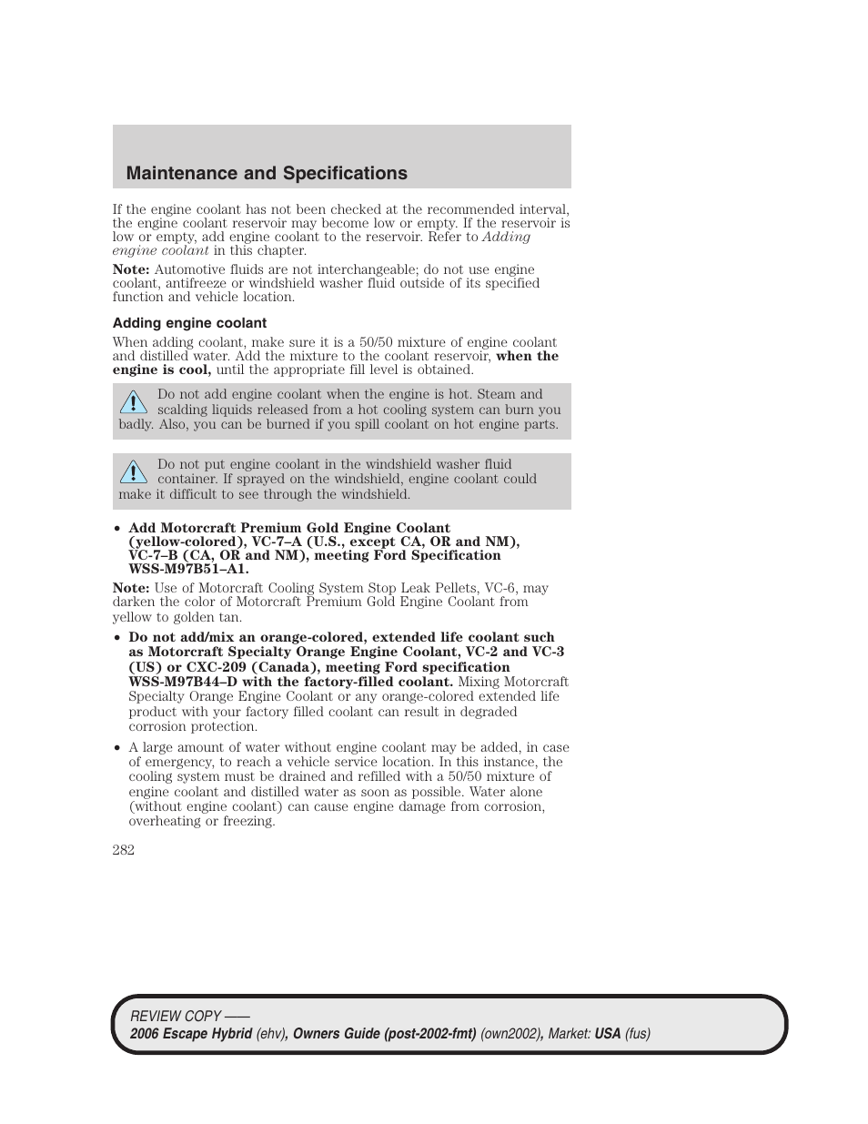 Adding engine coolant, Maintenance and specifications | FORD 2006 Escape Hybrid v.2 User Manual | Page 282 / 340