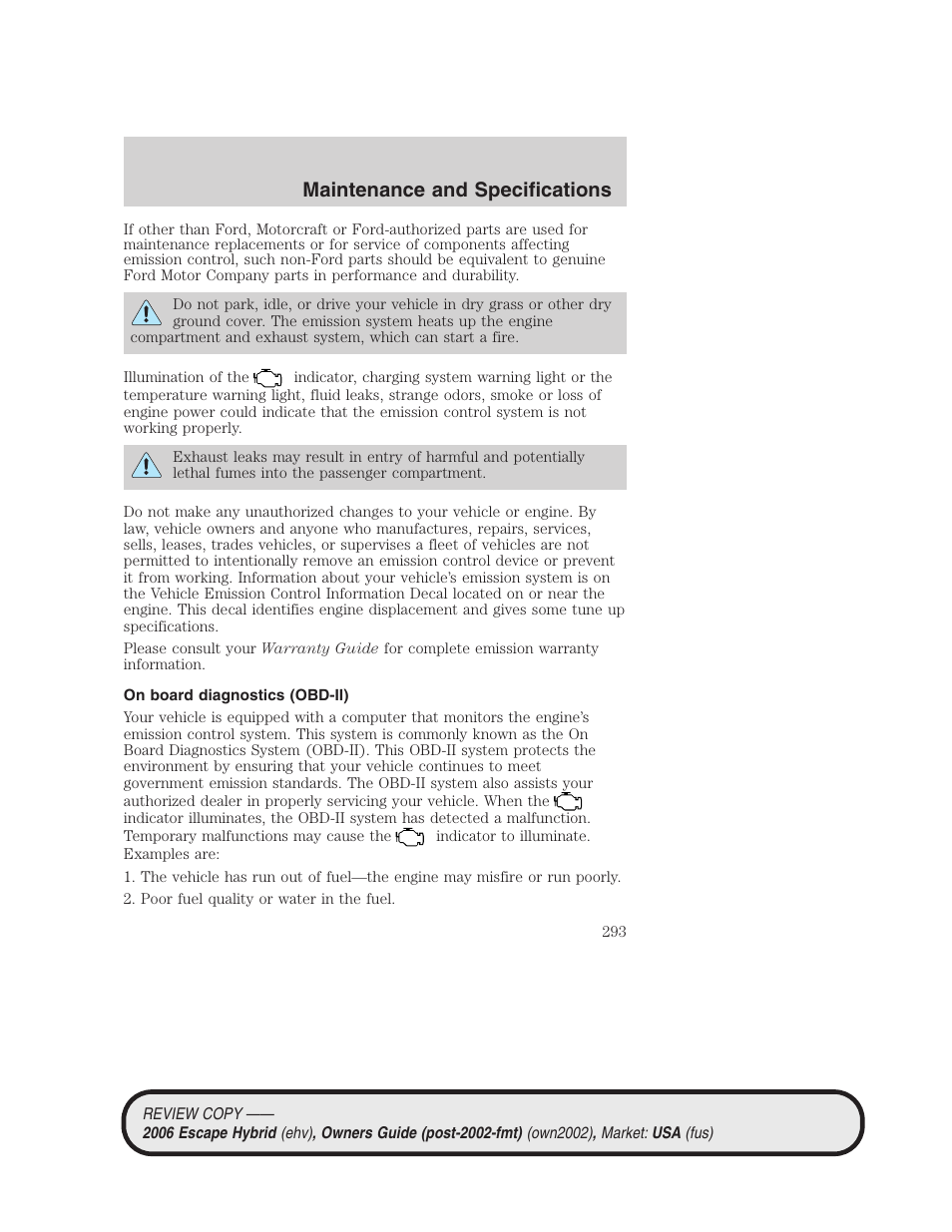On board diagnostics (obd-ii), Maintenance and specifications | FORD 2006 Escape Hybrid v.2 User Manual | Page 293 / 340